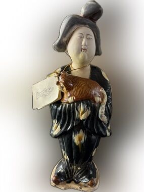 Vintage Tang Dynasty Sancai Court Lady Holding Pekinese Dog Figurine Museum Art